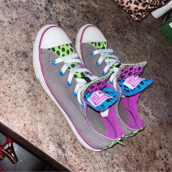 Converse All Star Shoes Gray Neon Animal Print Double Tongue Junior Size 4 - Picture 7 of 12